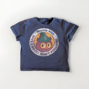 🦉 Peek Little Peanut Earth Day Navy Blue Retro Owl Graphic Tee – Size (6–12M) 🌎💙